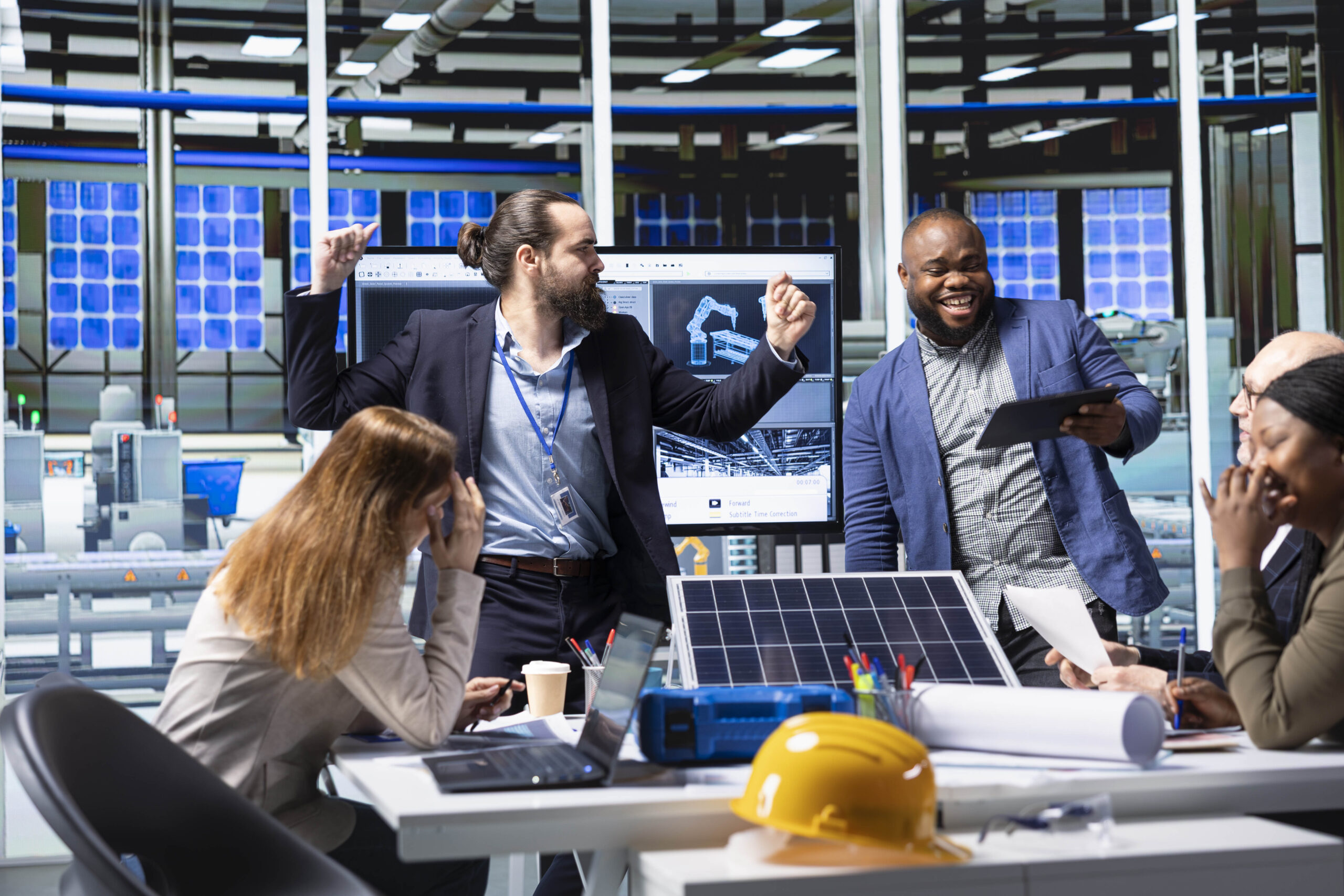 Happy businessmen in solar panel plant celebrating increased sales after newly developed green energy systems prototypes. Cheerful factory researching team excited by new photovoltaics materials